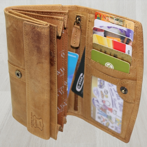 flevado Wasserbüffel Damen Geldbörse Brieftasche RFID Schutz Doppelnaht Beige